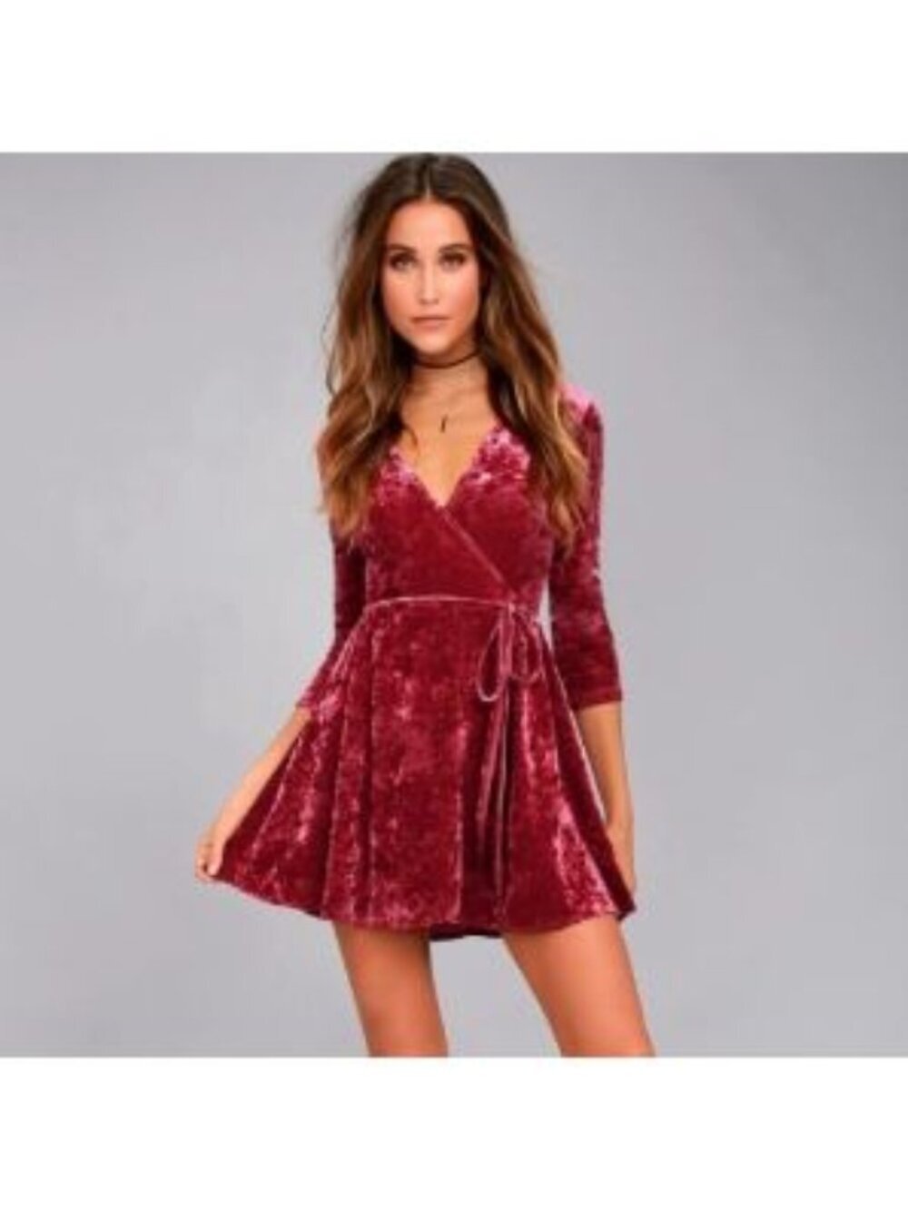 Lulu's Shine of Your Life Wine Red Crushed Velvet Wrap Dress